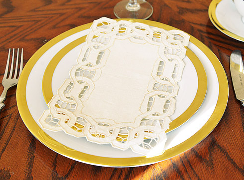 Appetizer Cocktail Napkin. 6"x9" Dynasty. Pearled Ivory. - Click Image to Close